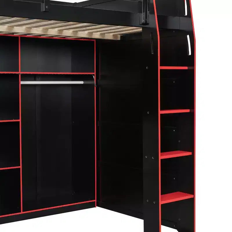 Lit mezzanine en bois avec bureau, armoire ouverte et lumières RVB