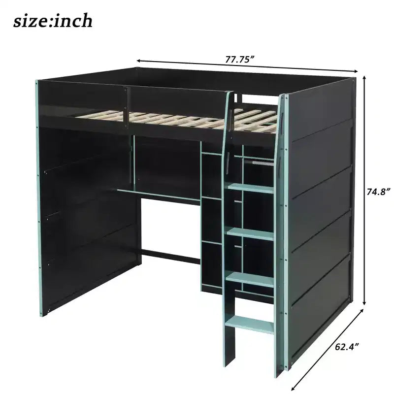 Lit mezzanine en bois avec bureau, armoire ouverte et lumières RVB