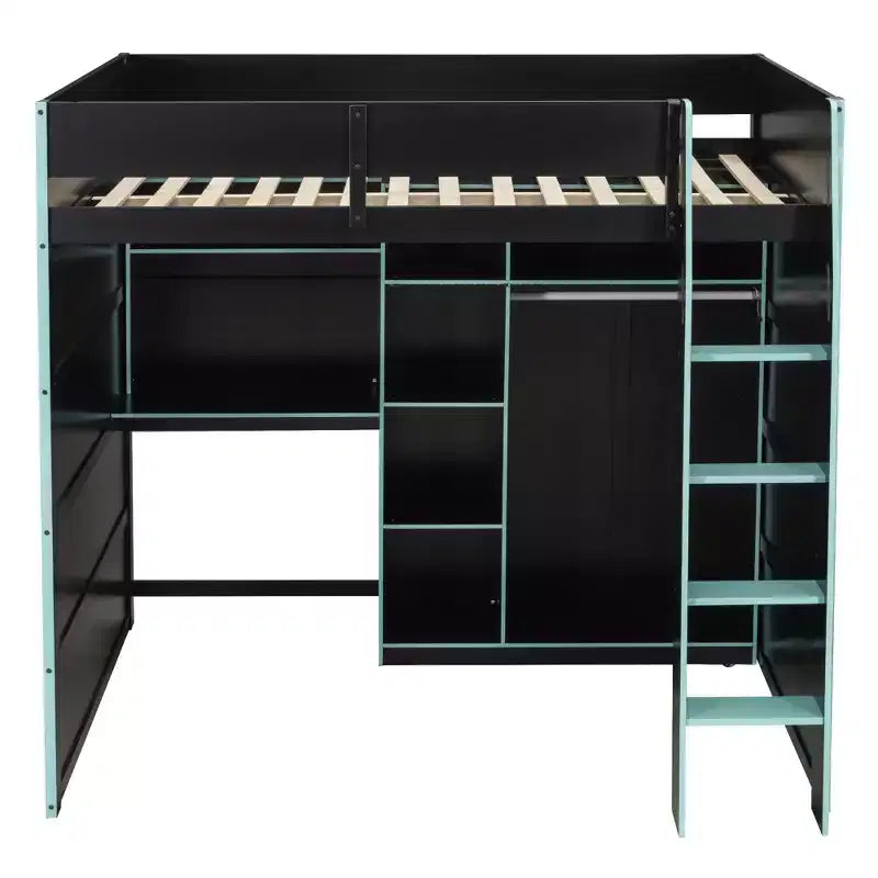 Lit mezzanine en bois avec bureau, armoire ouverte et lumières RVB