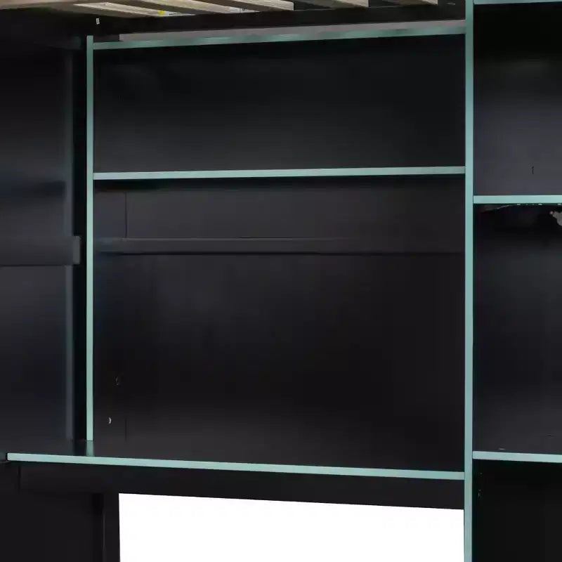 Lit mezzanine en bois avec bureau, armoire ouverte et lumières RVB