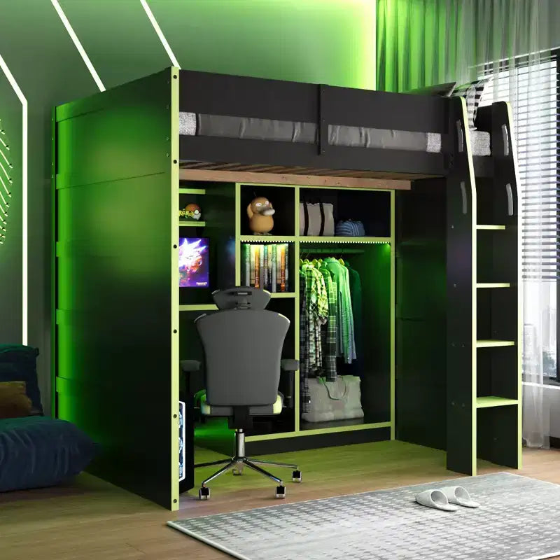 Lit mezzanine en bois avec bureau, armoire ouverte et lumières RVB