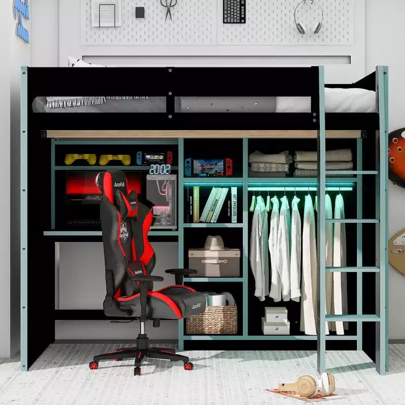 GDF Studio Leonard Wood Loft Bed with Desk, Open Wardrobe and RGB Lights