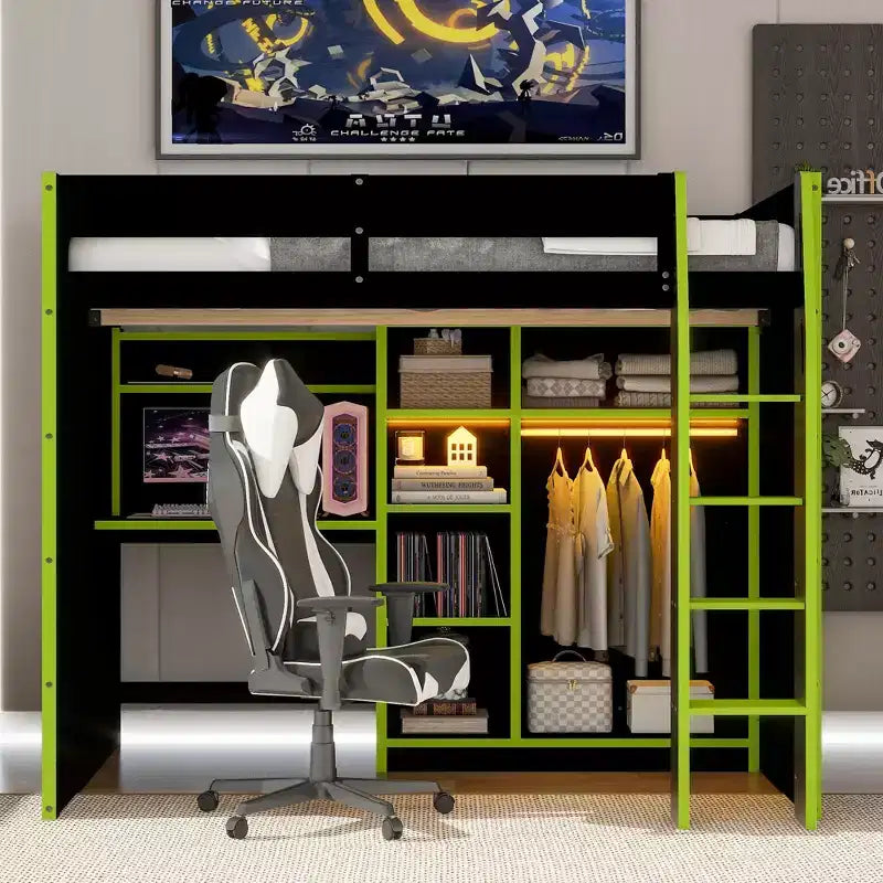 Lit mezzanine en bois avec bureau, armoire ouverte et lumières RVB