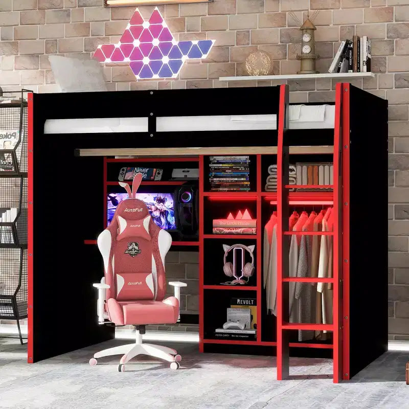Lit mezzanine en bois avec bureau, armoire ouverte et lumières RVB