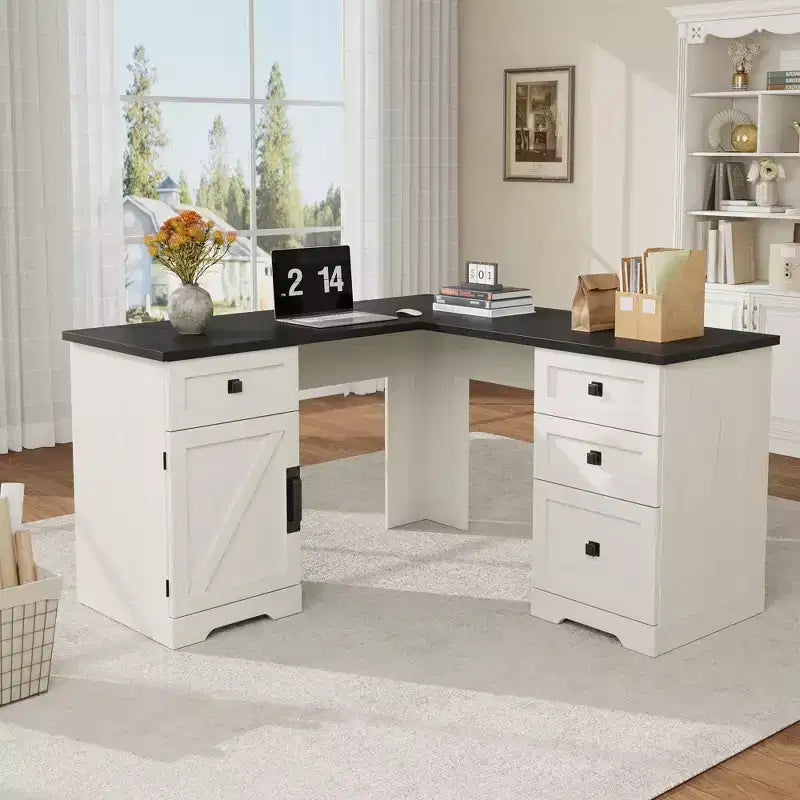 60 Farmhouse L-Shaped Executive Desk  Corner Home Office Desk with File Drawer, Storage Cabinet &amp; Adjustable Shelf