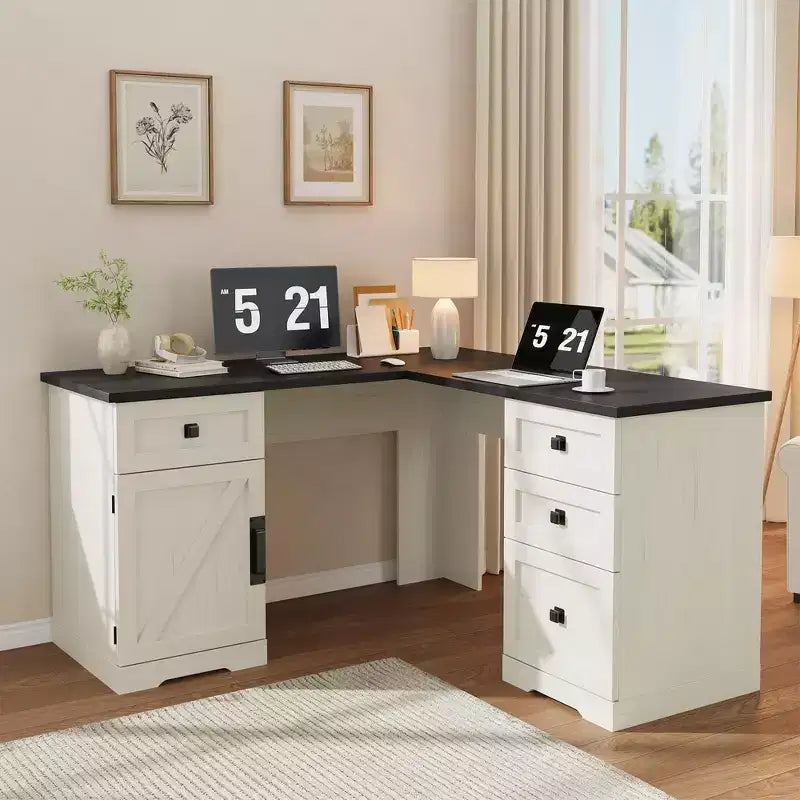 Bureau de direction d'angle en forme de L style rustique avec tiroir de classement pour bureau à domicile