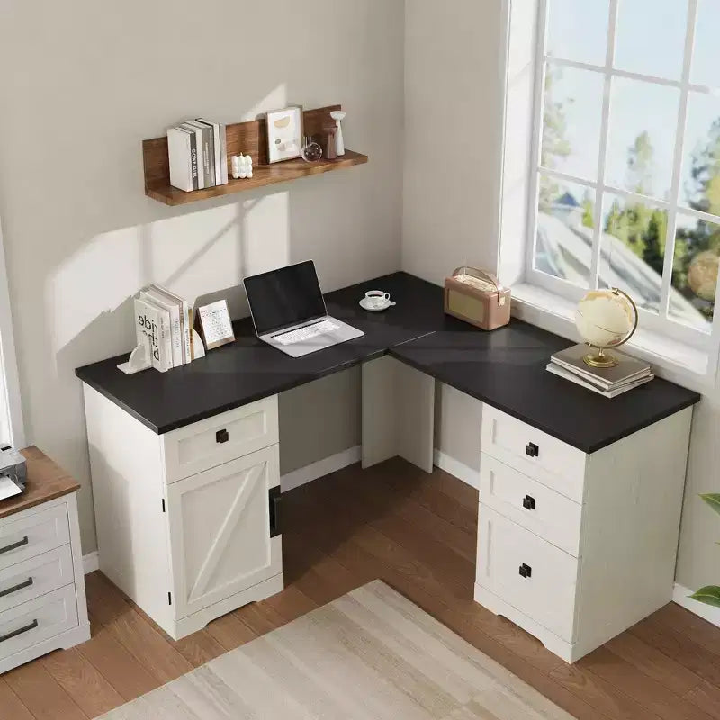 Bureau de direction d'angle en forme de L style rustique avec tiroir de classement pour bureau à domicile