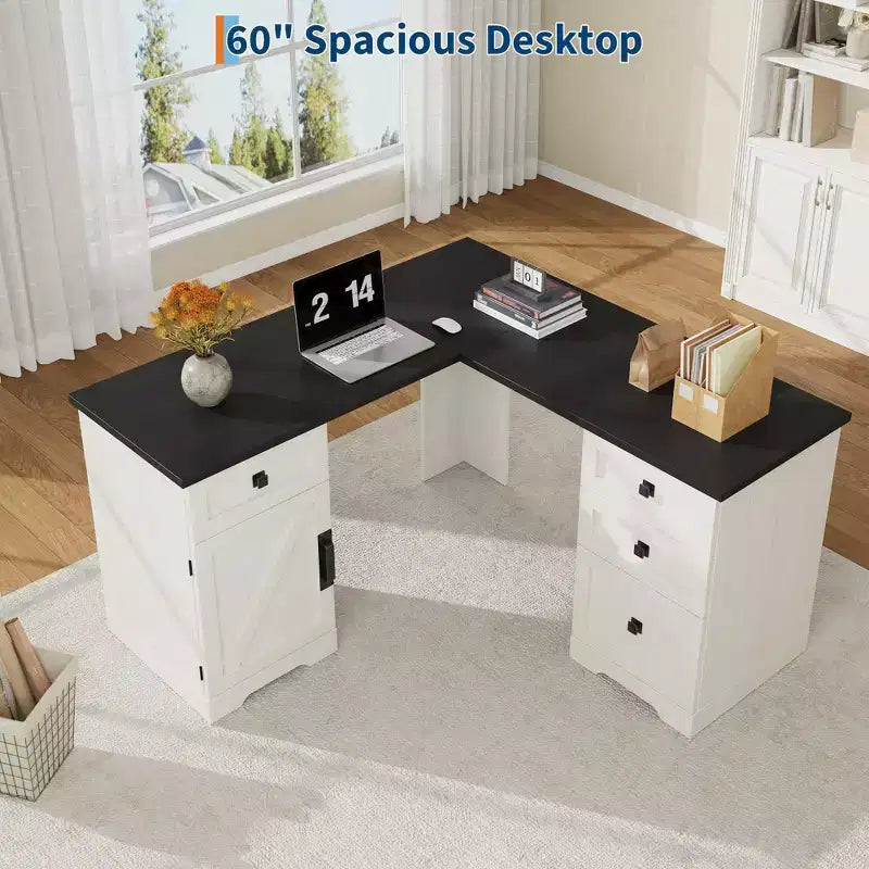Bureau de direction d'angle en forme de L style rustique avec tiroir de classement pour bureau à domicile