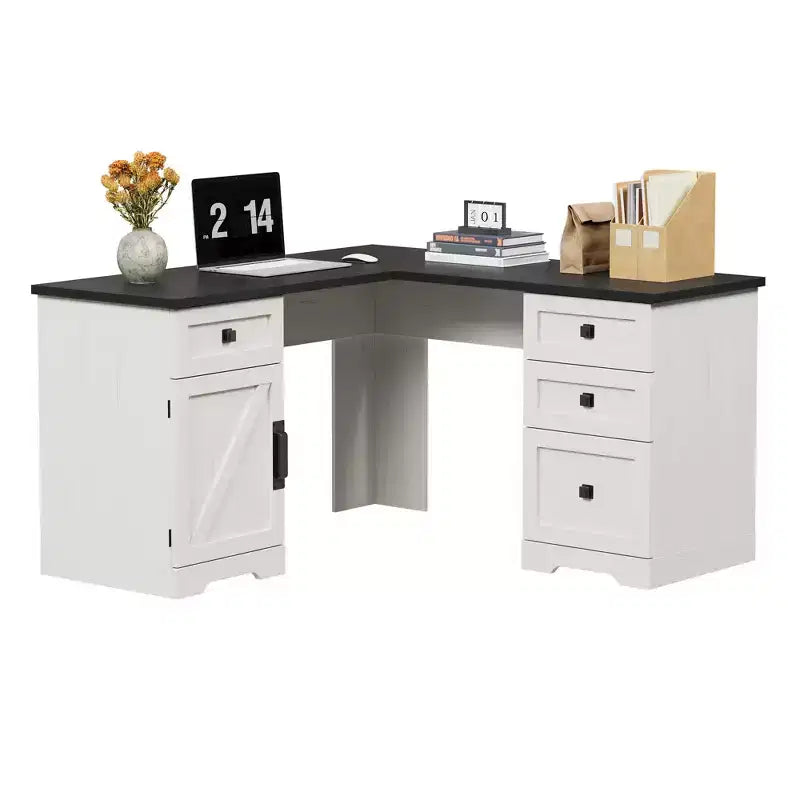 Bureau de direction d'angle en forme de L style rustique avec tiroir de classement pour bureau à domicile