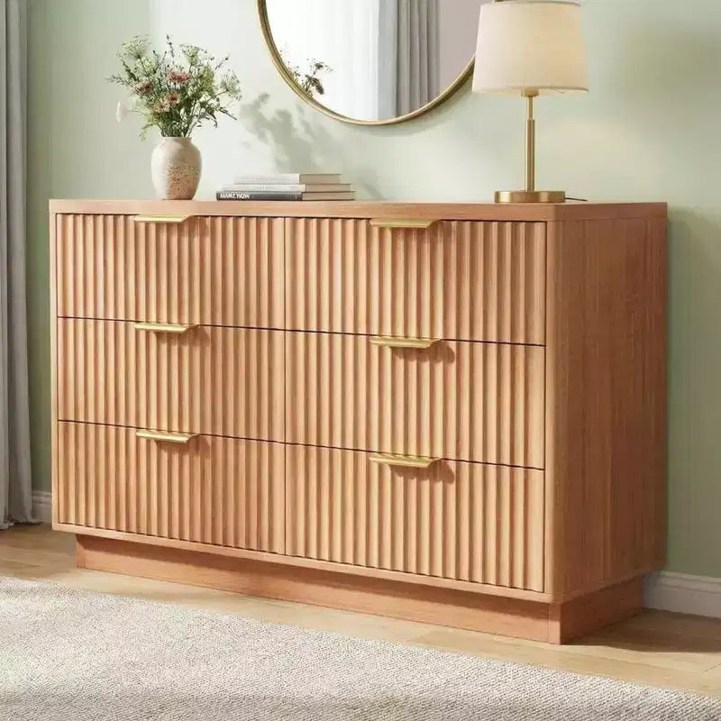 6 Drawer Dresser for Bedroom, 47 Fluted Chest of Drawers for Bedroom, Compact Wood Dresser with Golden Metal Handles for Living Room