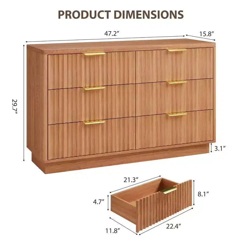 Commode à 6 tiroirs pour chambre à coucher, commode à cannelures de 120 cm de long pour chambre à coucher