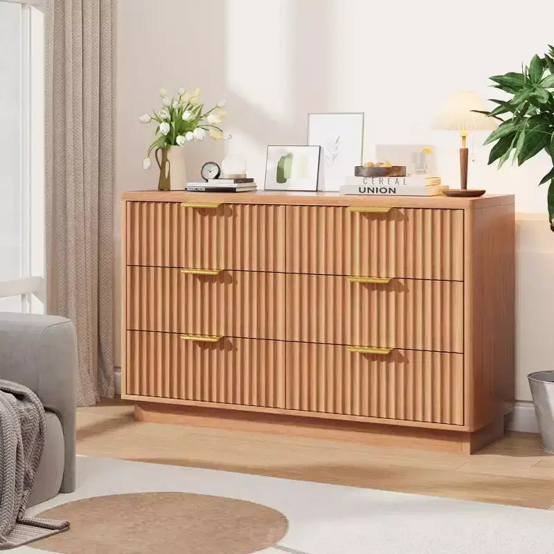 Commode à 6 tiroirs pour chambre à coucher, commode à cannelures de 120 cm de long pour chambre à coucher