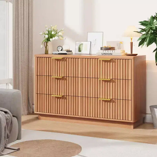Commode à 6 tiroirs pour chambre à coucher, commode à cannelures de 120 cm de long pour chambre à coucher