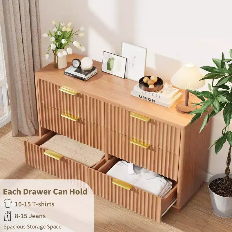 Commode à 6 tiroirs pour chambre à coucher, commode à cannelures de 120 cm de long pour chambre à coucher