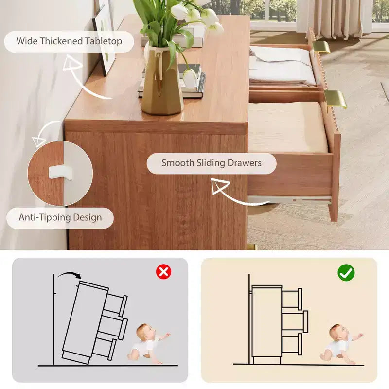 Commode à 6 tiroirs pour chambre à coucher, commode à cannelures de 120 cm de long pour chambre à coucher