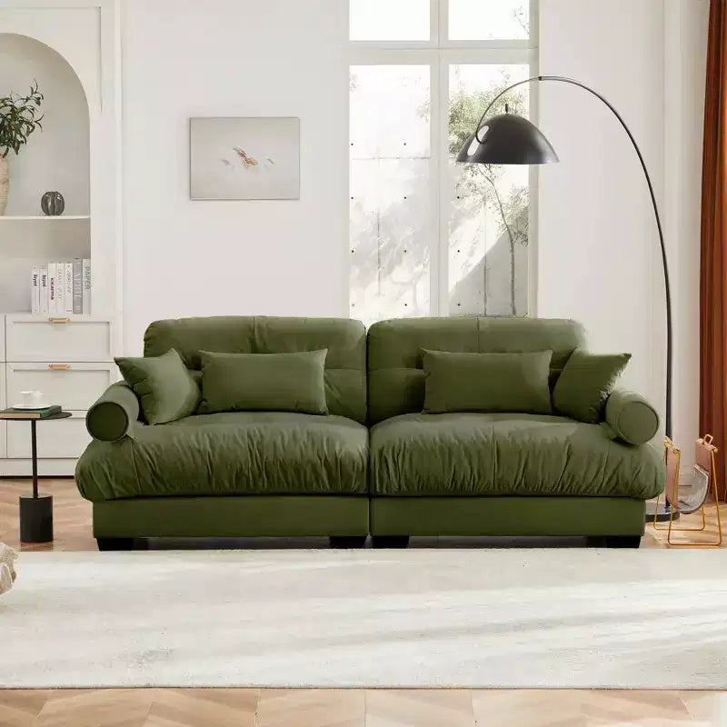 MAYEERTY Modern Two Seater Sofa with Bolsteredd Armrests Waist Pillows Throw Pillows for Living Room Hallway Bedroom Olive Green