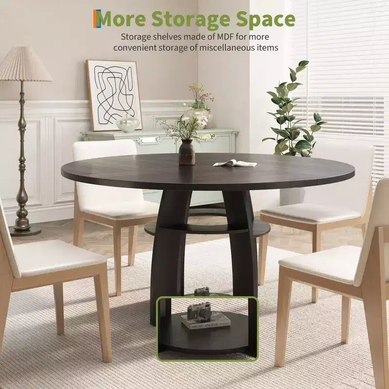 Table à manger ronde 47" compacte pour 4-6 personnes, étagère de rangement, pieds réglables