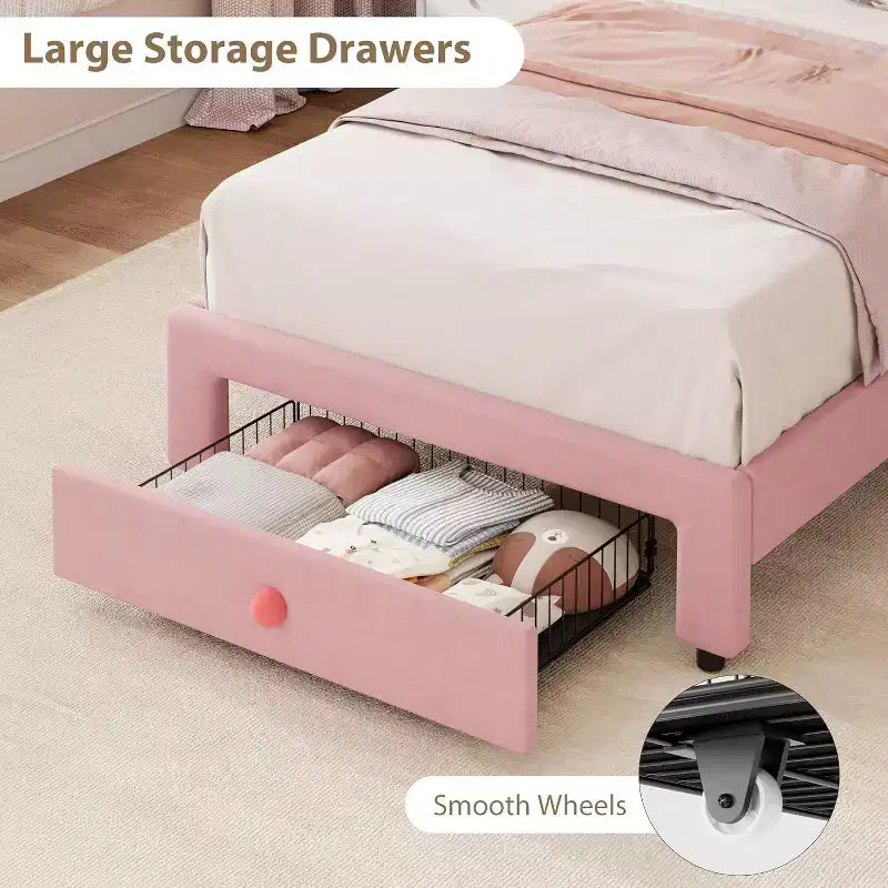 Cadre de lit double avec tiroir et lumières LED, lit plateforme tapissé de velours