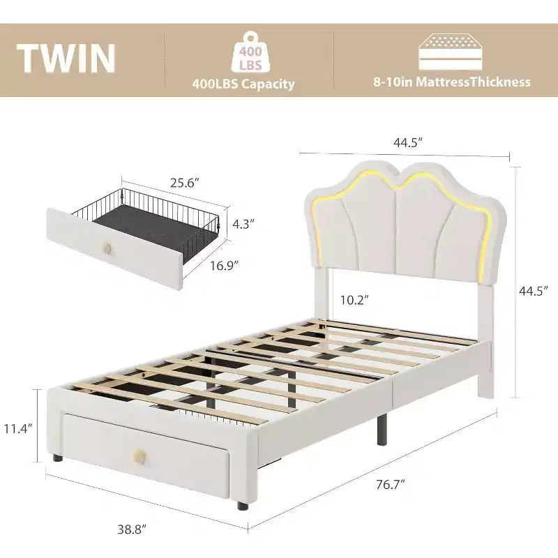 Cadre de lit double avec tiroir et lumières LED, lit plateforme tapissé de velours