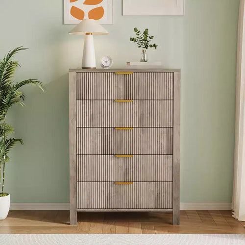 5 Drawer Dresser For Bedroom, 44 Tall Fluted Narrow Nightstand, Wood Dresser Storage Cabinet, Storage Organizer for Living Room Entryway