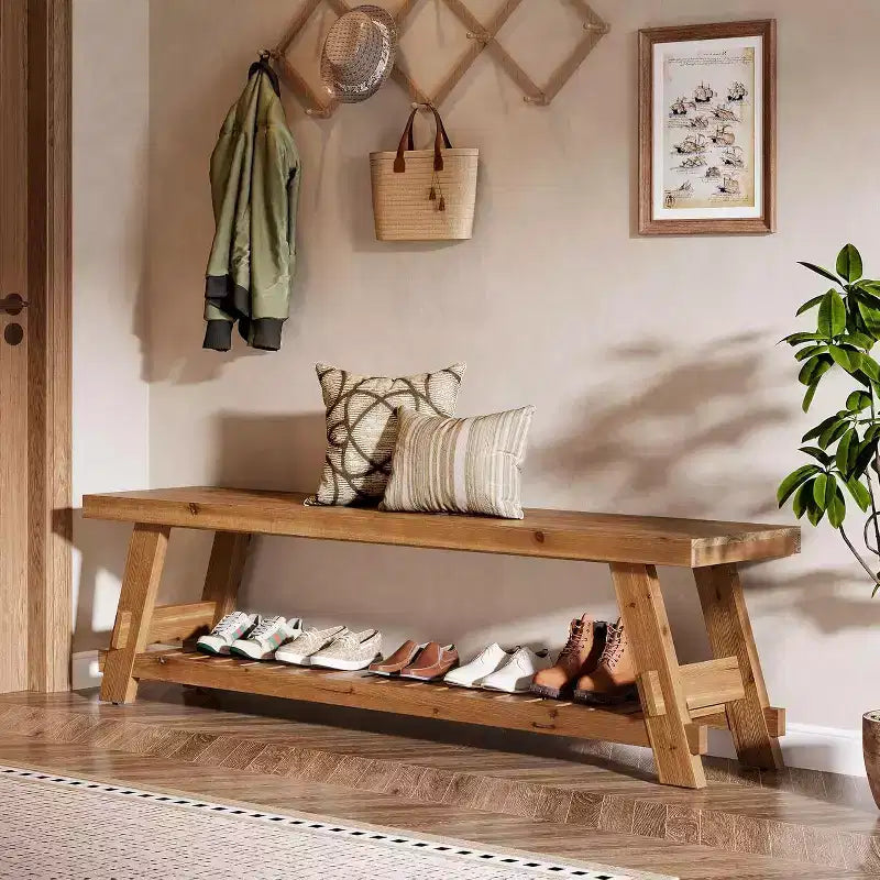 Lantine 63 Solid Wood Shoe Storage Bench , Farmhouse Entryway Bench with Storage Shelf, Dining Bench for Entryway, Bedroom, Mudroom, Rustic Brown