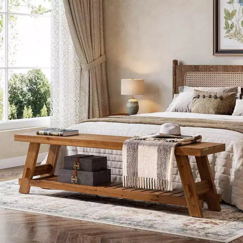 Banc de rangement pour chaussures en bois massif, banc d'entrée de style ferme avec étagère de rangement