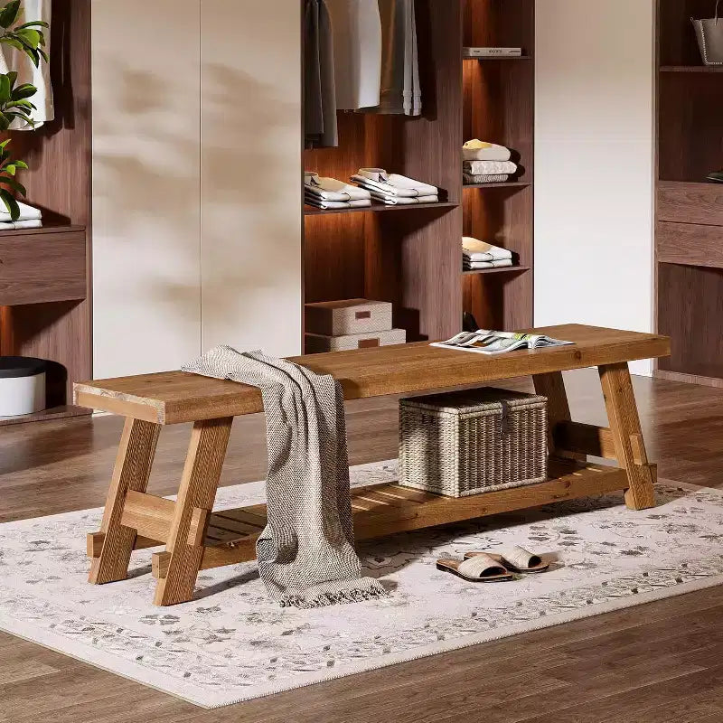 Banc de rangement pour chaussures en bois massif, banc d'entrée de style ferme avec étagère de rangement