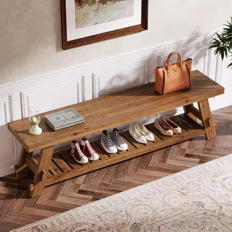 Banc de rangement pour chaussures en bois massif, banc d'entrée de style ferme avec étagère de rangement