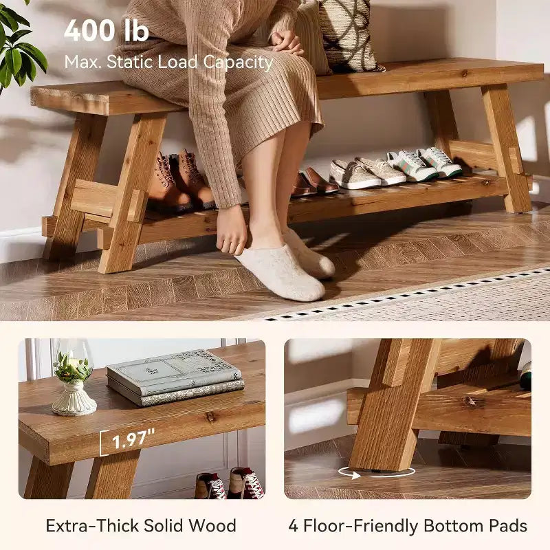 Banc de rangement pour chaussures en bois massif, banc d'entrée de style ferme avec étagère de rangement