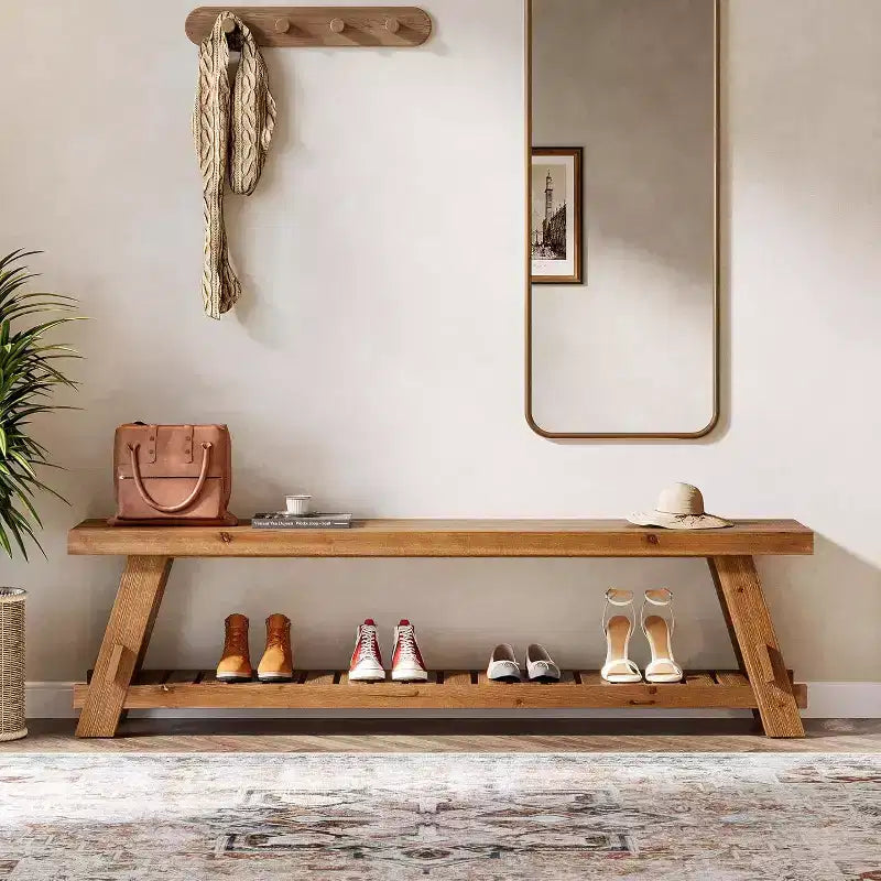 Banc de rangement pour chaussures en bois massif, banc d'entrée de style ferme avec étagère de rangement