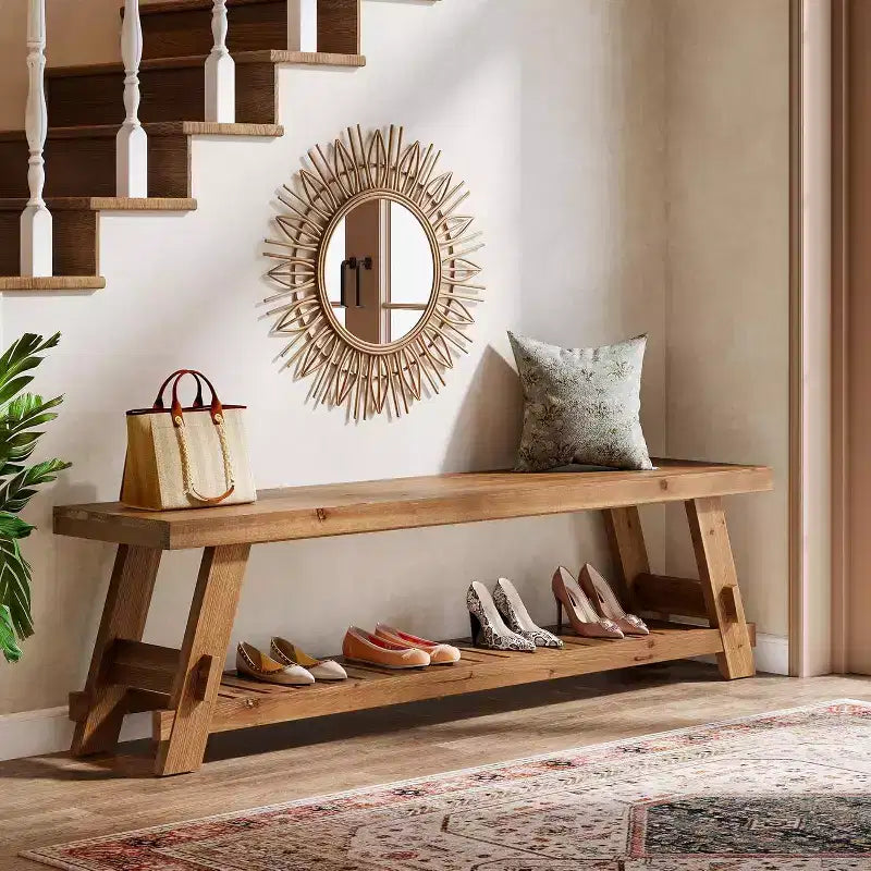 Banc de rangement pour chaussures en bois massif, banc d'entrée de style ferme avec étagère de rangement
