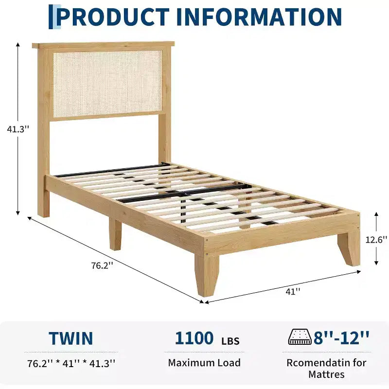 Rattan Bed Frame with Natural Rattan Headboard &amp; LED Lights, Wood Slats Support, No Box Spring Needed, Natural
