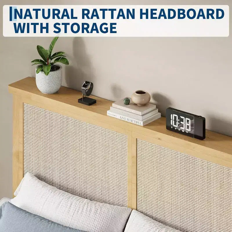 Lit en rotin avec tête de lit en rotin naturel et éclairage LED