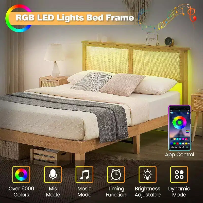 Lit en rotin avec tête de lit en rotin naturel et éclairage LED