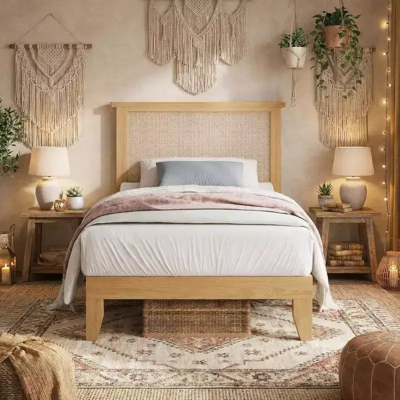 Lit en rotin avec tête de lit en rotin naturel et éclairage LED