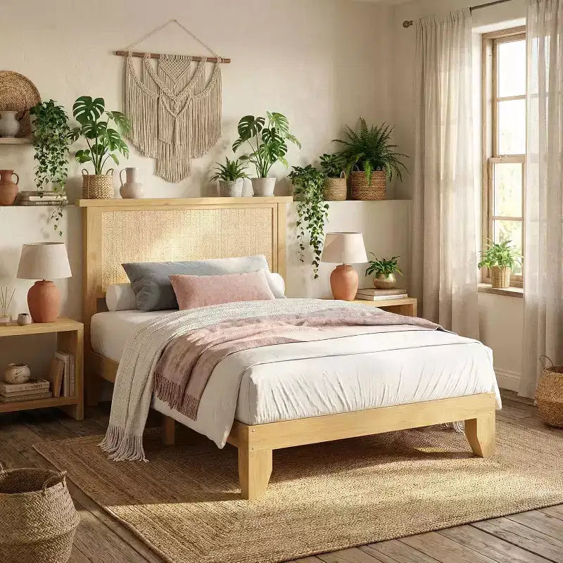 Lit en rotin avec tête de lit en rotin naturel et éclairage LED