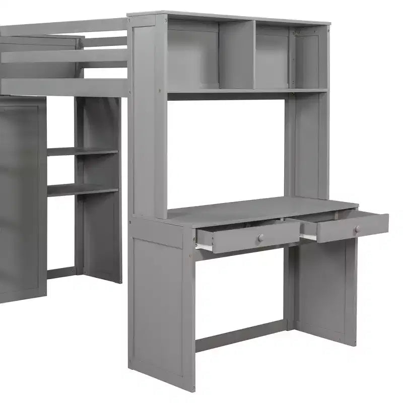 Lit superposé en L avec bureau, bibliothèque et armoire (deux lits simples superposés)