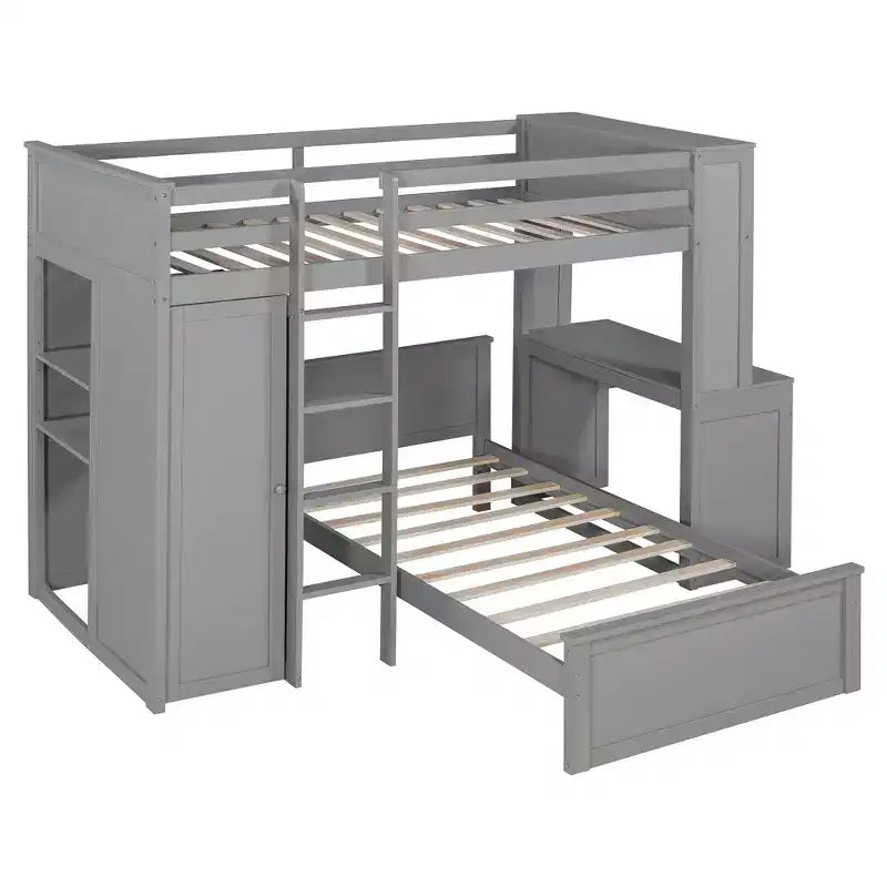 Lit superposé en L avec bureau, bibliothèque et armoire (deux lits simples superposés)
