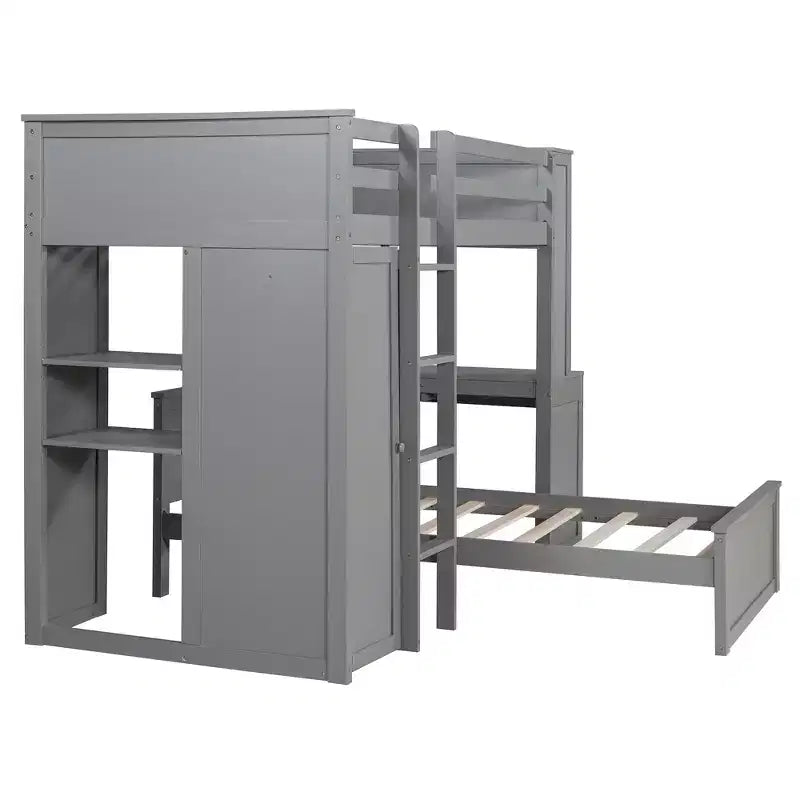 Lit superposé en L avec bureau, bibliothèque et armoire (deux lits simples superposés)