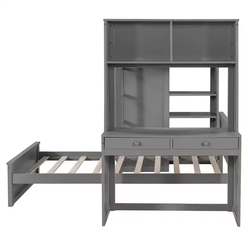 Lit superposé en L avec bureau, bibliothèque et armoire (deux lits simples superposés)