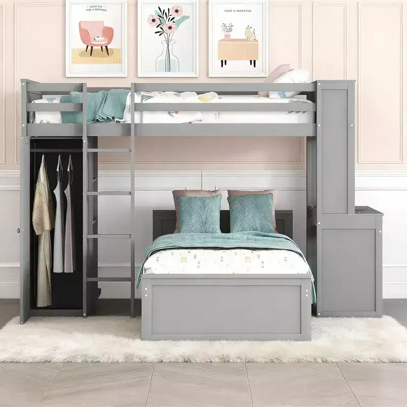 Lit superposé en L avec bureau, bibliothèque et armoire (deux lits simples superposés)