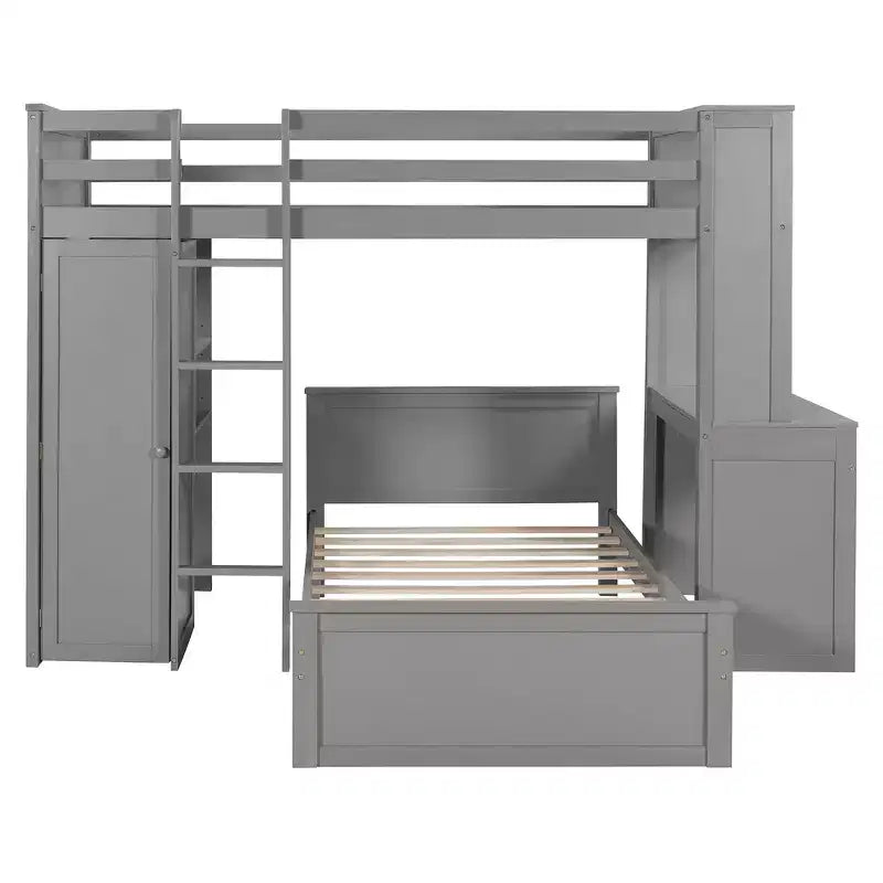Lit superposé en L avec bureau, bibliothèque et armoire (deux lits simples superposés)