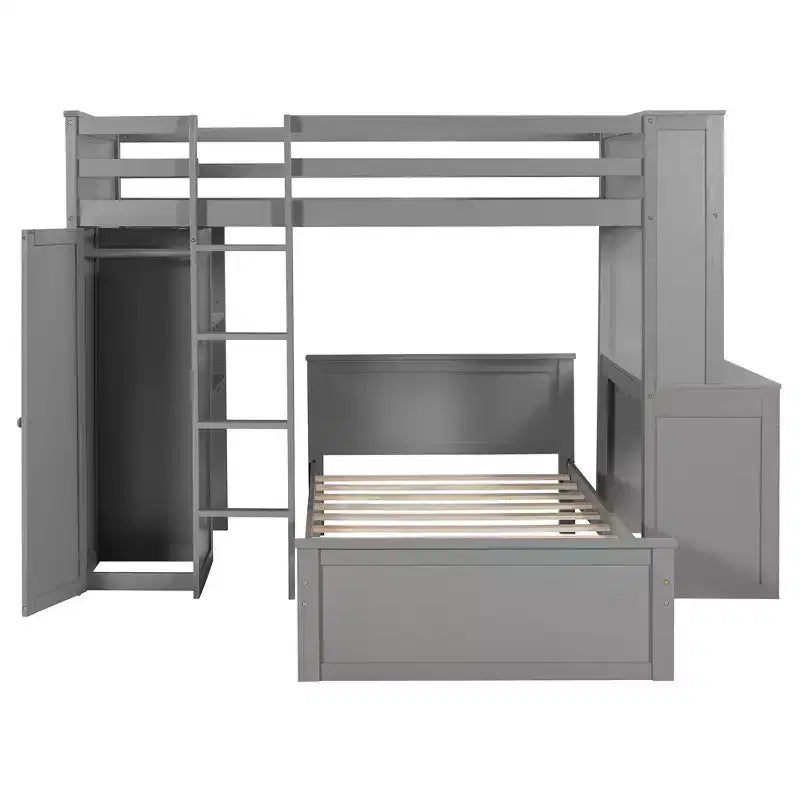Lit superposé en L avec bureau, bibliothèque et armoire (deux lits simples superposés)
