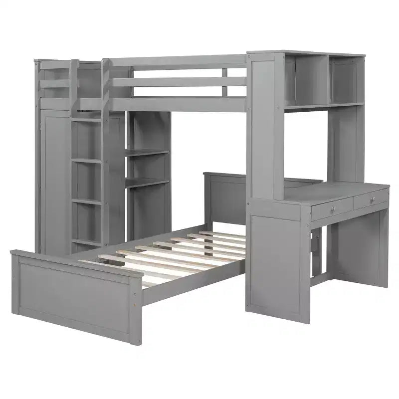 Lit superposé en L avec bureau, bibliothèque et armoire (deux lits simples superposés)