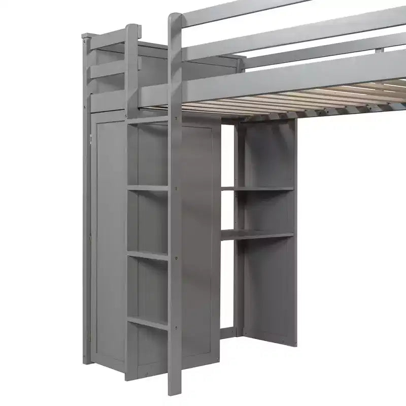 Lit superposé en L avec bureau, bibliothèque et armoire (deux lits simples superposés)
