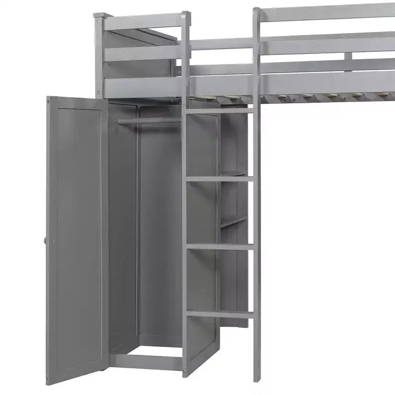 Lit superposé en L avec bureau, bibliothèque et armoire (deux lits simples superposés)