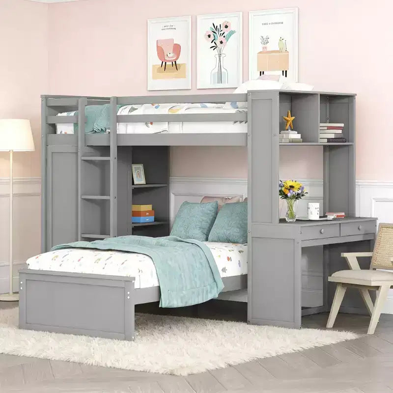 Lit superposé en L avec bureau, bibliothèque et armoire (deux lits simples superposés)