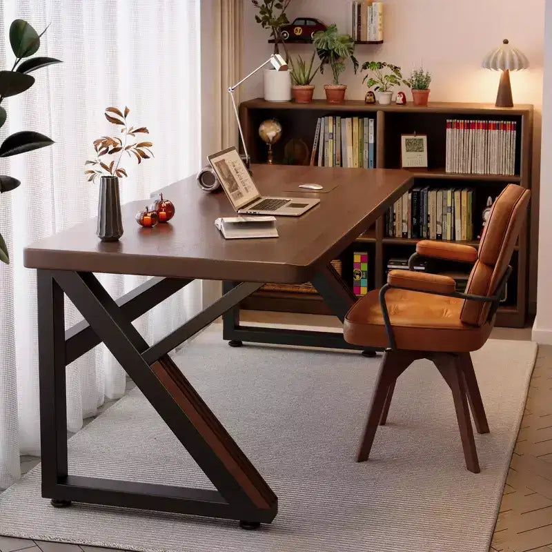 Bureau de travail extra-long en bois moderne avec pieds en K en acier au carbone