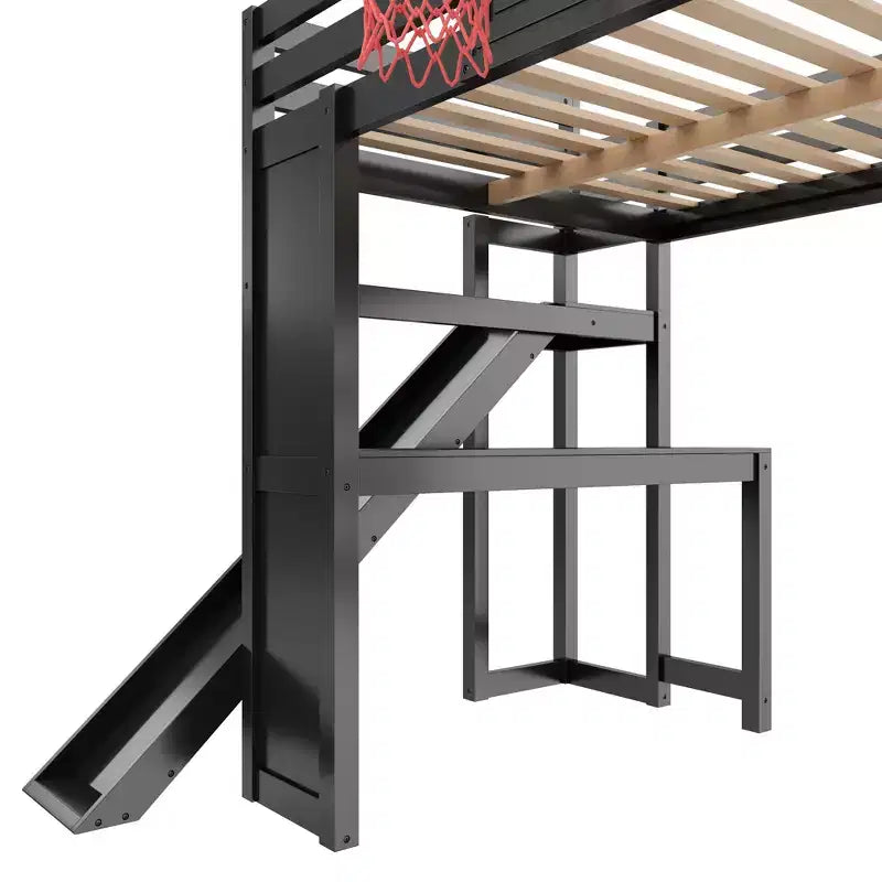 Lit mezzanine en bois massif avec bureau, toboggan, panier de basket et escalier de rangement
