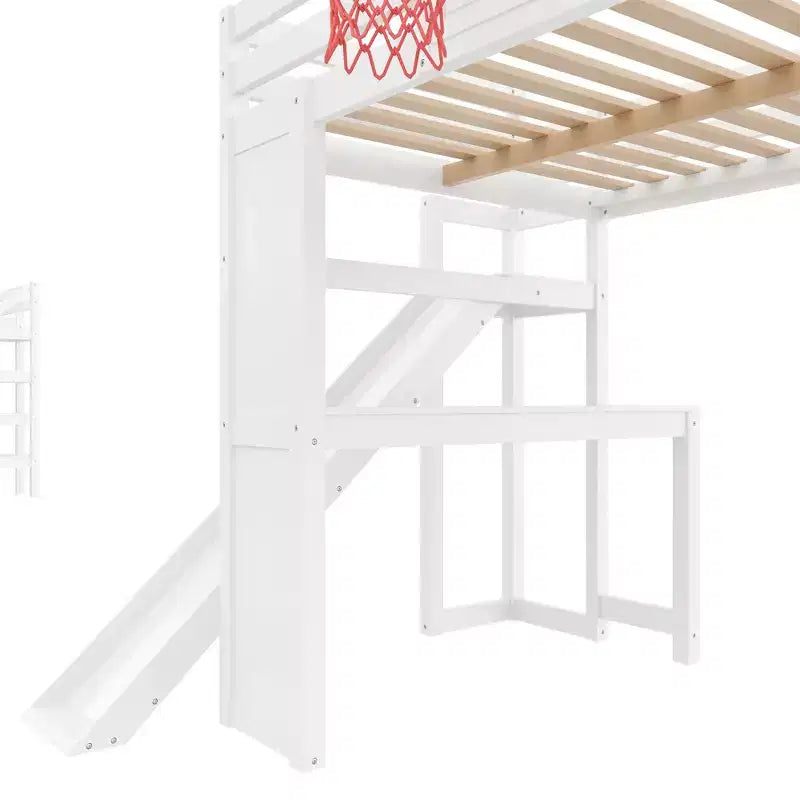 Lit mezzanine en bois massif avec bureau, toboggan, panier de basket et escalier de rangement